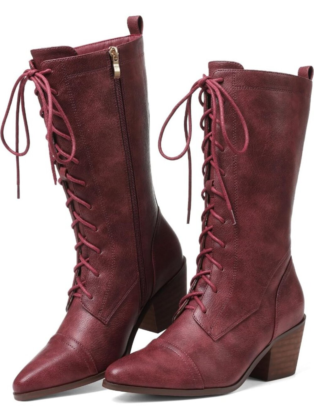 Women's Red Lace Up Chunky Heel Vintage Combat Heeled Dress Casual Boots